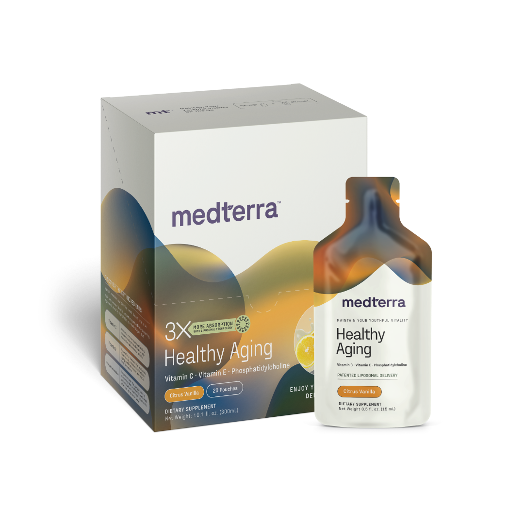 Medterra Healthy Aging dietary supplement box with Citrus Vanilla flavor and key ingredients listed.