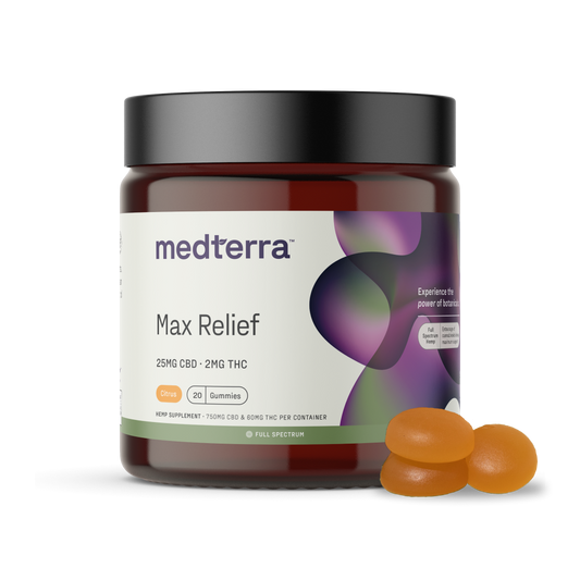 Medterra Max Relief Full Spectrum CBD Gummies, 25mg CBD, 2mg THC, citrus flavor, 20 gummies in a jar.