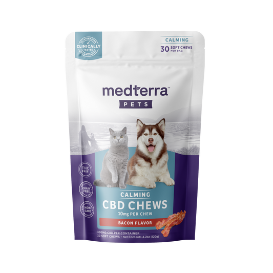 Medterra Pet CBD Calming Chews package, bacon flavor, 10mg CBD per chew, 30 soft chews, THC-free, enriched with Valerian Root.