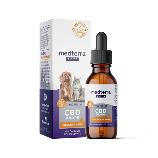 Medterra Pet CBD Drops in Chicken Flavor, 300mg CBD, 1 fluid ounce bottle with a box featuring a dog and cat.