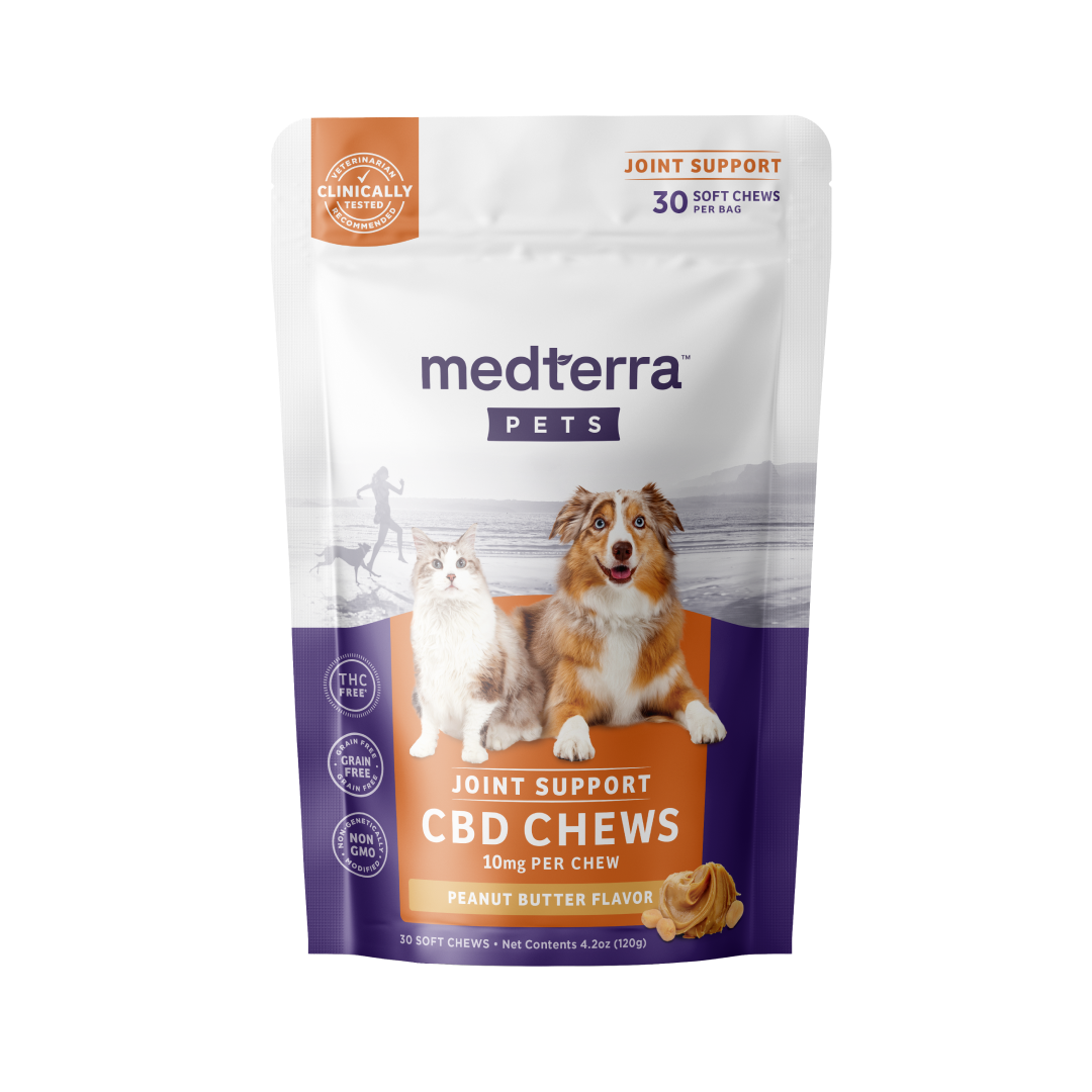 Medterra Pet CBD Joint Support Chews package, peanut butter flavor, 10mg CBD per chew, glucosamine for joint health.
