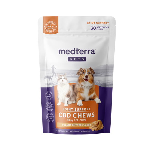 Medterra Pet CBD Joint Support Chews package, peanut butter flavor, 10mg CBD per chew, glucosamine for joint health.