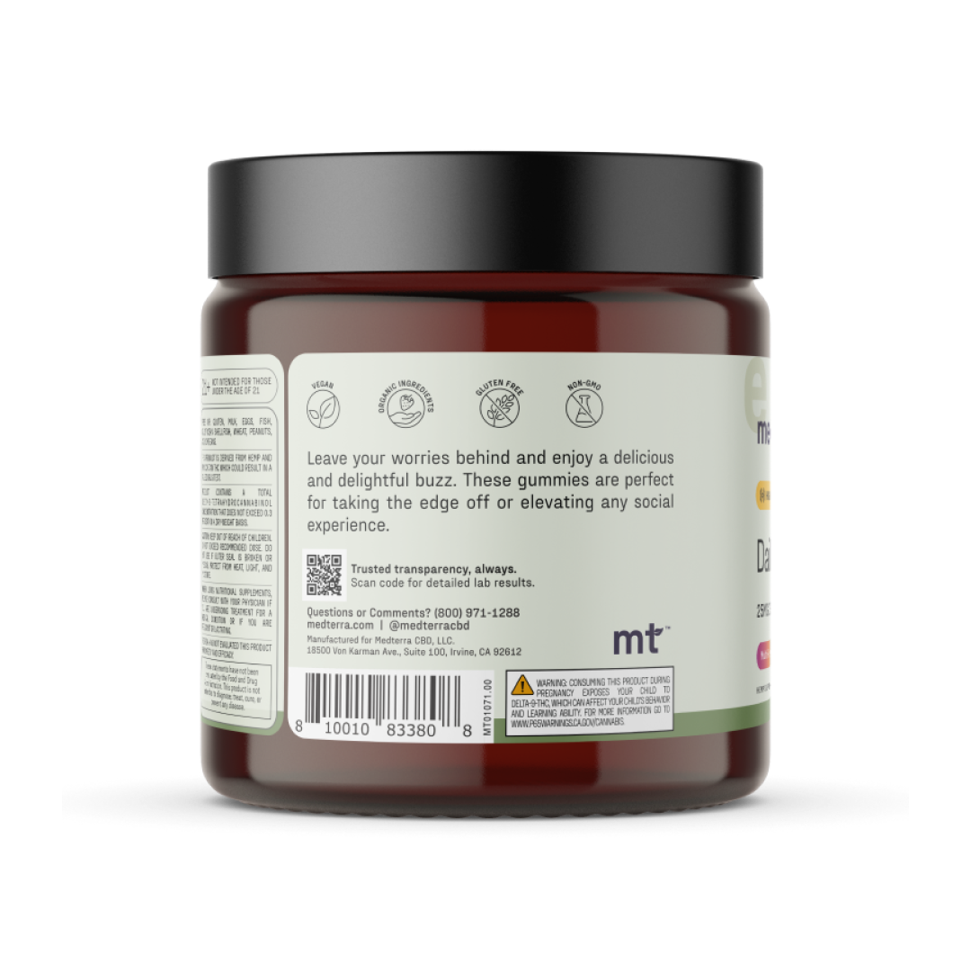 Rewrite:
A jar with a dark, translucent body and a black lid. The label features text detailing the product's use, suggesting that the Daily Delight Gummies by Medterra inside are perfect for relaxation or enhancing social experiences. Barcodes and customer service info are visible at the bottom.