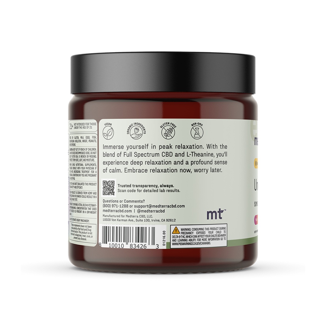 A labeled red container with a black lid. The label features instructional text about Medterra's Unwind Gummies, which are infused with L-Theanine and combine Full Spectrum CBD and 5mg THC for relaxation. There are also icons for recycling and social media, along with contact information for customer support.