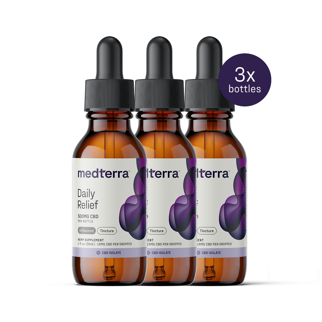 medterra Daily Relief 500MG CBD Tincture, CBD ISOLATE — three amber dropper bottles with 3x bottles badge