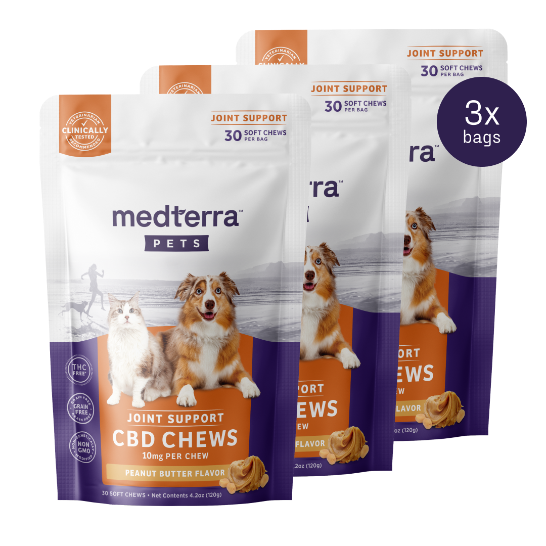 medterra PETS JOINT SUPPORT CBD CHEWS 10mg per chew 30 SOFT CHEWS PER BAG PEANUT BUTTER FLAVOR 3x bags