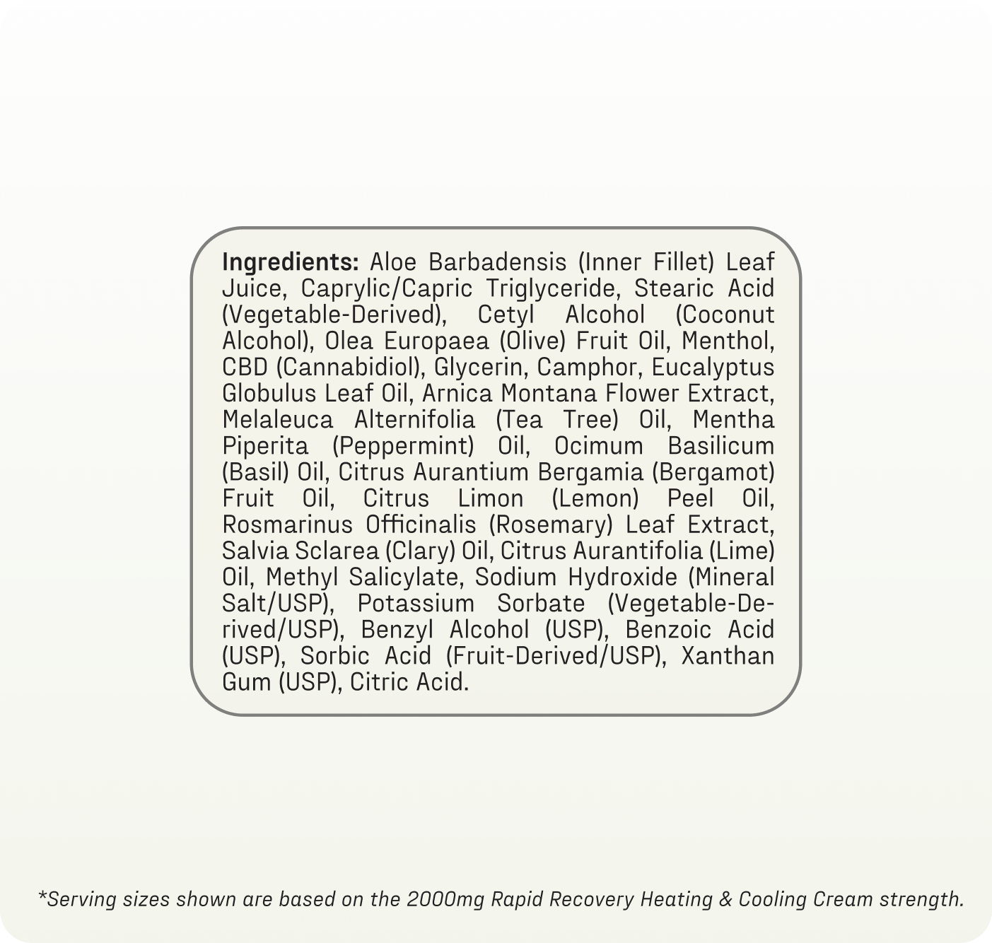 Ingredient panel listing botanical extracts and active ingredients for Rapid Recovery Heating & Cooling CBD cream.
