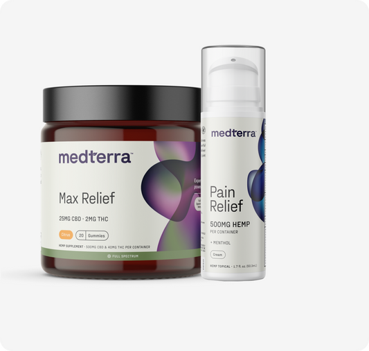 Medterra Relief Bundle featuring Max Relief Gummies and Pain Relief Cream with 25mg CBD, 2mg THC, and 500mg hemp.