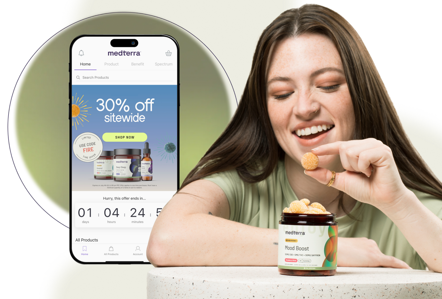 A woman smiling, holding a gummy above a jar labeled 'Mood Boost' with a smartphone showing '30% off sitewide.'