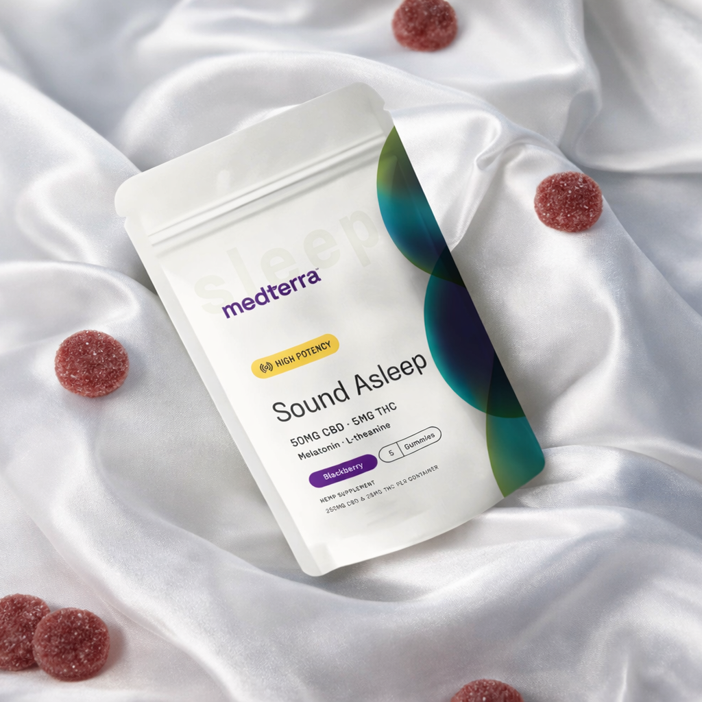 Angled pouch of Sound Asleep gummies showing medterra logo, High Potency badge and 50mg CBD/5mg THC on white satin with red gummies