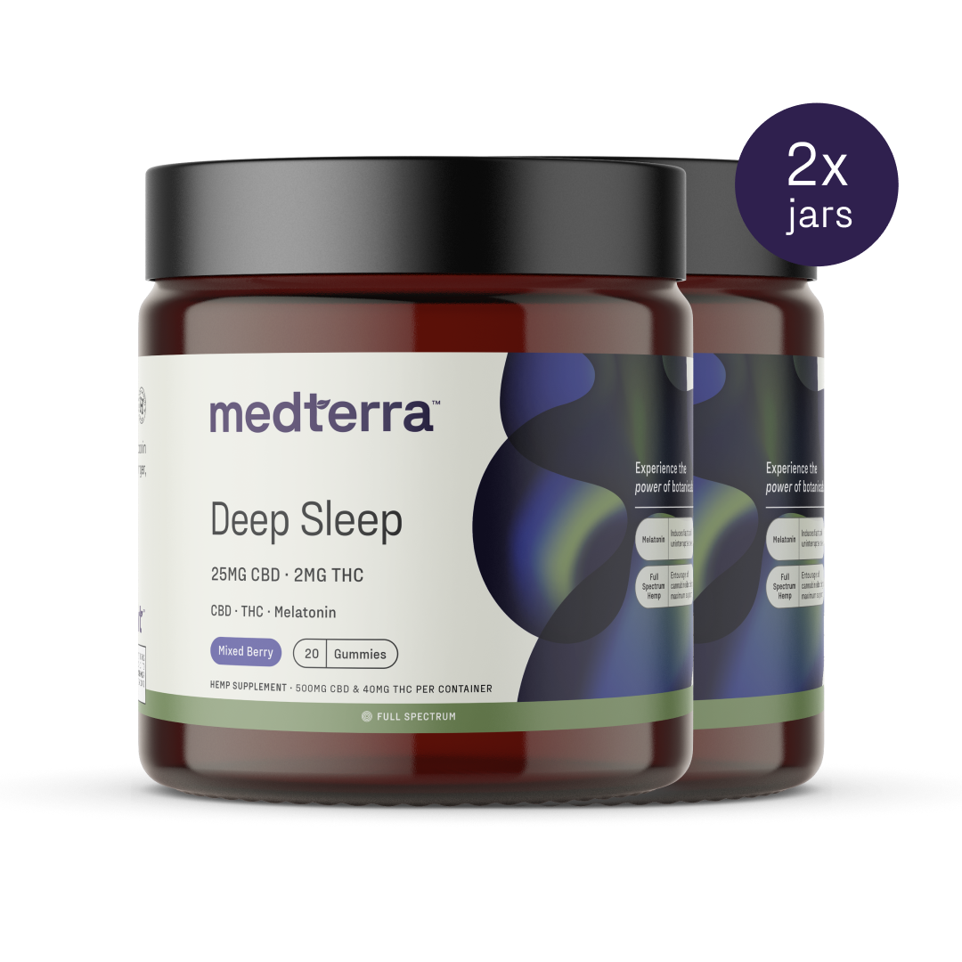 medterra Deep Sleep; 25MG CBD - 2MG THC; CBD THC Melatonin; Mixed Berry; 20 Gummies; Full Spectrum; 2x jars