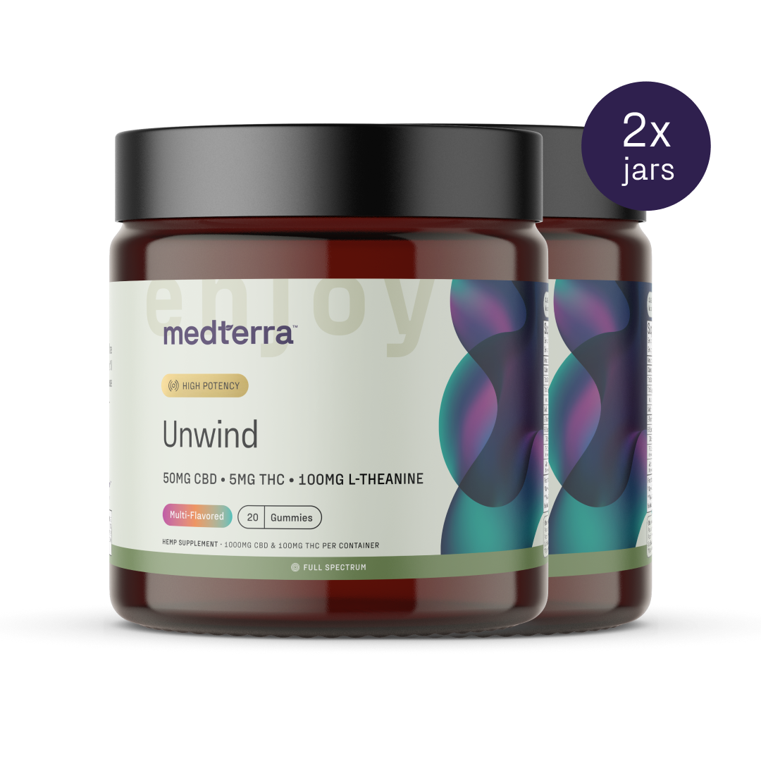 Two jars of Medterra's Unwind Gummies offer a multi-flavored assortment, each gummy containing 50mg CBD, 5mg THC, and 100mg L-Theanine. A purple circle in the top right corner displays "2x jars." The jars are topped with dark lids and have an eye-catching colorful design.