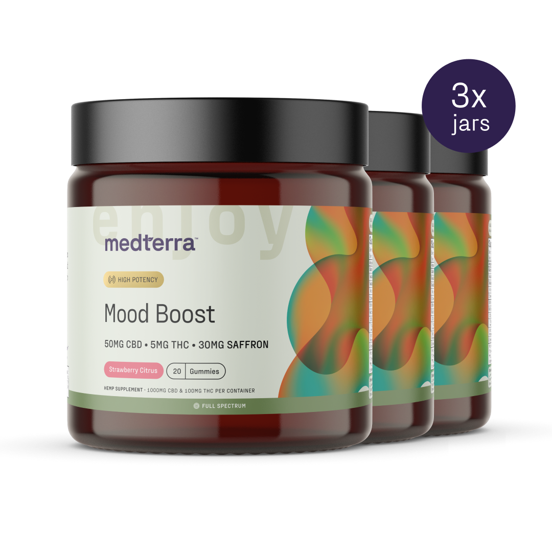 medterra Mood Boost — HIGH POTENCY; 50MG CBD · 5MG THC · 30MG SAFFRON; Strawberry Citrus; 20 Gummies; FULL SPECTRUM; 3x jars
