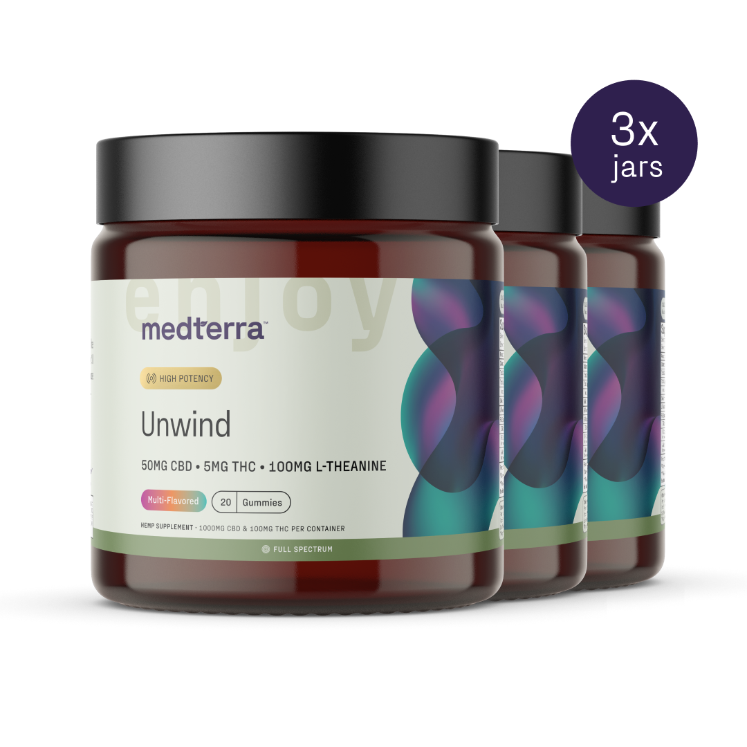 Three jars of Medterra's Unwind Gummies, each infused with 50mg CBD, 5mg THC, and 100mg L-Theanine per serving. The multi-colored label on the jars includes a "3x jars" note in the top right corner. Each jar contains 20 tropical-flavored gummies.
