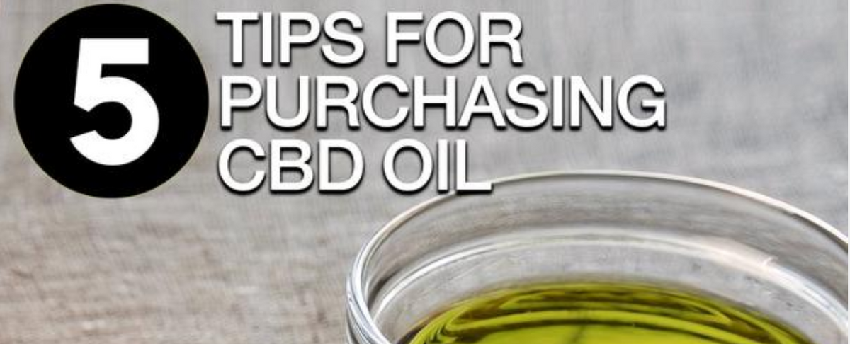 Banner showing headline ‘5 Tips for Purchasing CBD Oil’ and a glass bowl of green CBD oil on a wooden table