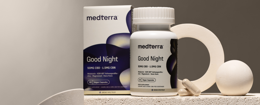 Medterra Good Night CBD Sleep Capsules with packaging and capsules on a surface.