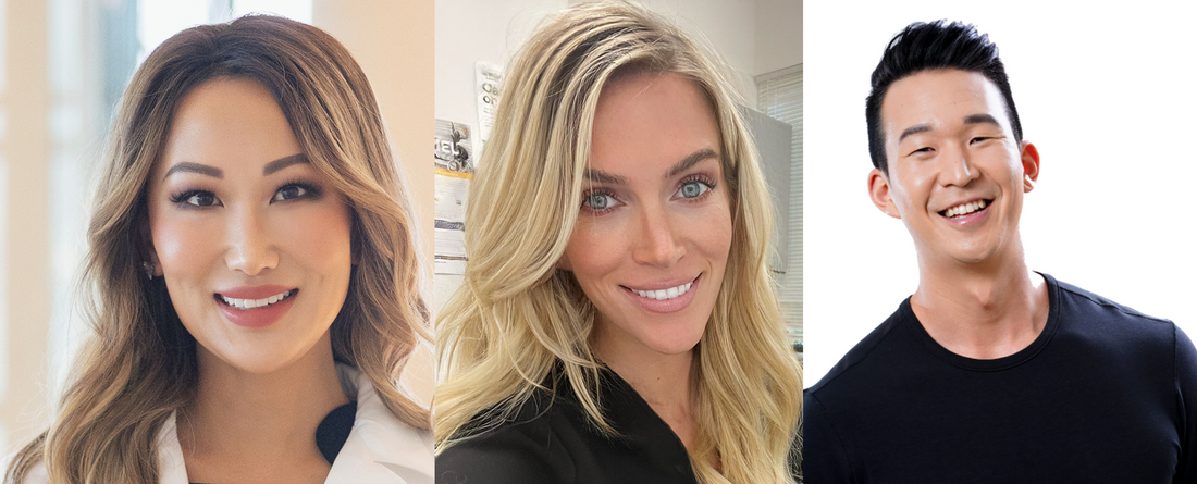Three Medterra wellness experts smiling, left in white coat, center blonde in black, right in black T-shirt on white