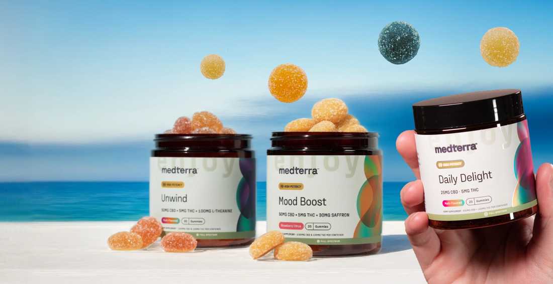 Three Medterra gummy jars labeled Unwind, Mood Boost, Daily Delight; sugar-coated gummies and hand holding jar by the ocean.