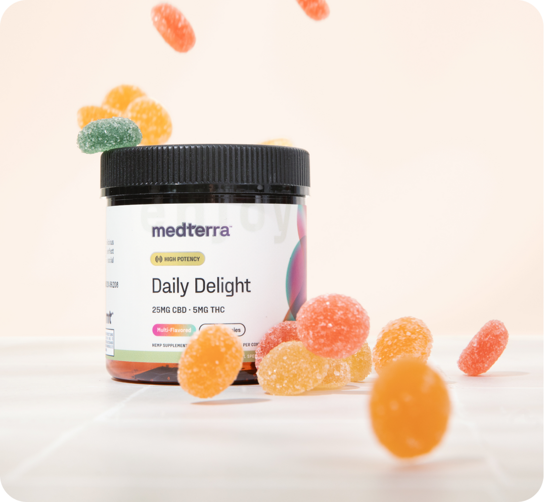 medterra Daily Delight jar; HIGH POTENCY; 25MG CBD · 5MG THC; Multi-Flavored; HEMP SUPPLEMENT; gummies around.