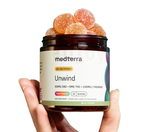 Medterra Unwind gummies jar held in hand, front label showing 50mg CBD and 5mg THC, sugar-coated gummies visible