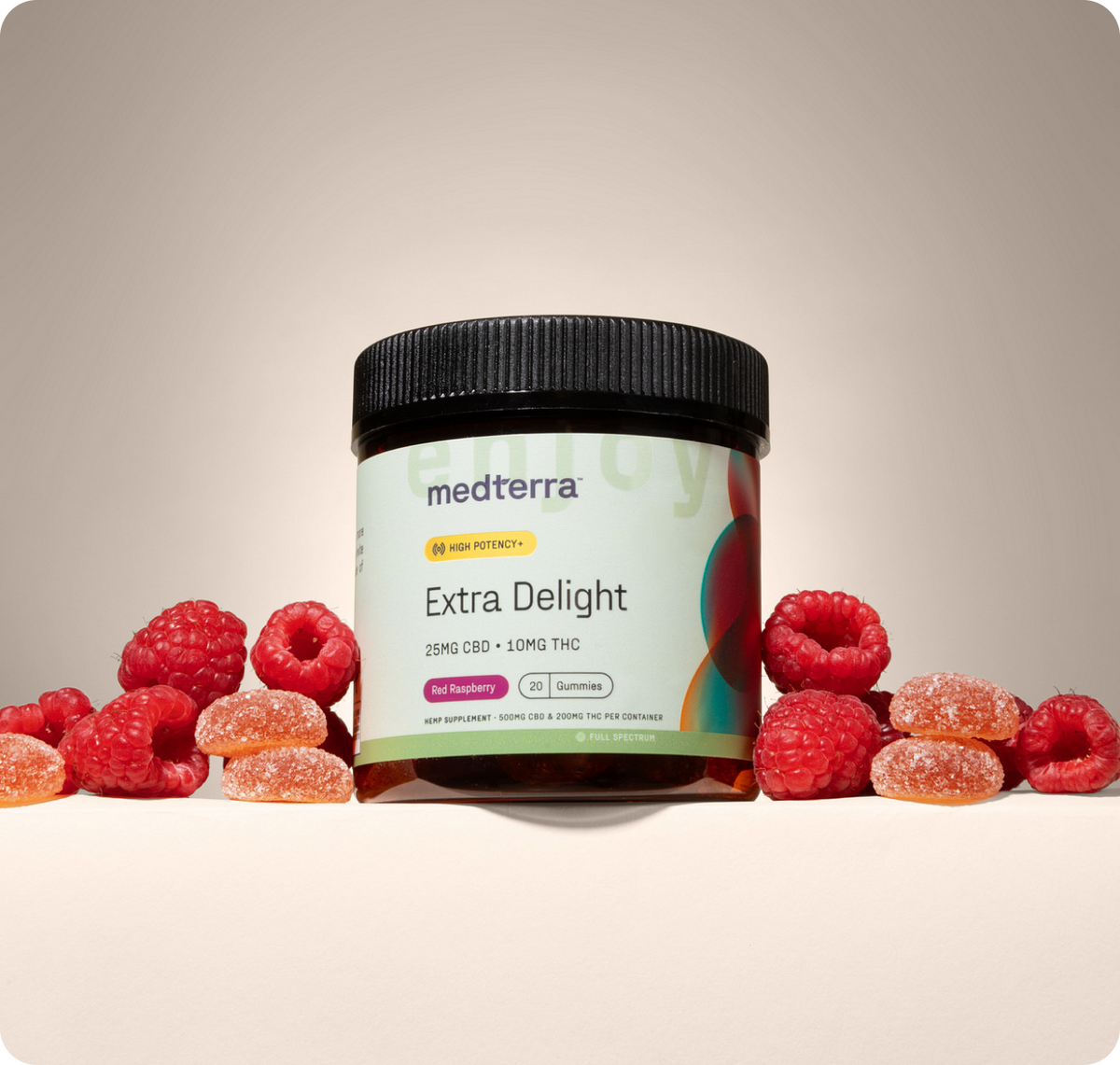 Front view of Medterra Extra Delight gummies jar showing label 25 mg CBD 10 mg THC with raspberries and sugar-coated gummies on cream background