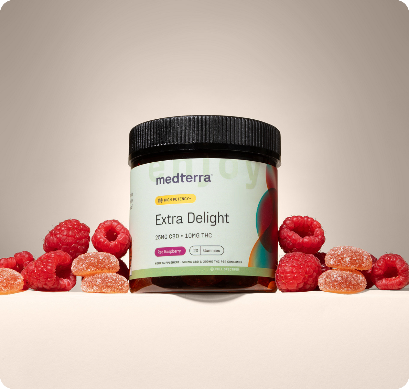 Front view of Medterra Extra Delight gummies jar showing label 25 mg CBD 10 mg THC with raspberries and sugar-coated gummies on cream background