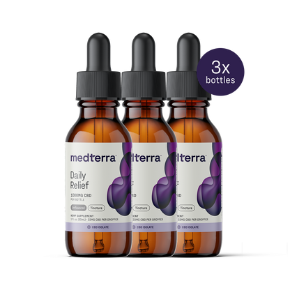 medterra Daily Relief 1000MG CBD Isolate tincture — three amber dropper bottles with purple '3x bottles' badge