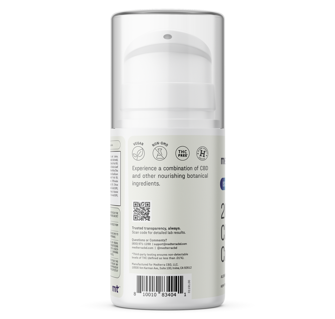A white pump bottle with a clear cap features icons for vegan, non-GMO, and THC-free. The label highlights Medterra WM: Isolate 2,000mg CBD Cream with botanical ingredients—ideal for soothing wellness. Product details and barcode shown below.