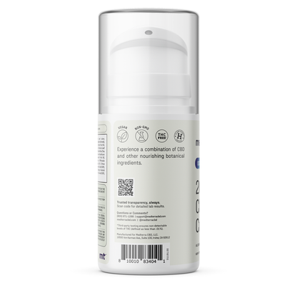 A white pump bottle with a clear cap features icons for vegan, non-GMO, and THC-free. The label highlights Medterra WM: Isolate 2,000mg CBD Cream with botanical ingredients—ideal for soothing wellness. Product details and barcode shown below.