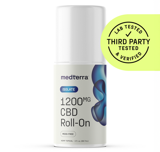 Front of WM: Isolate 1,200mg CBD Roll‑On showing ‘1200MG’ label, blue abstract design, and yellow Third Party Tested badge