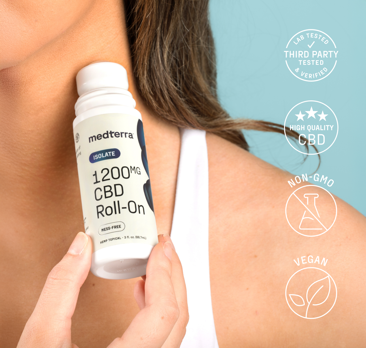 A person applies the Medterra WM: Isolate 1,200mg Roll-On to their neck, with packaging showing icons for lab tested, high quality CBD, non-GMO, and vegan wellness attributes.