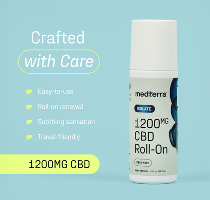Front-right view of WM: Isolate 1200mg (3 fl oz) CBD Roll-On showing Crafted with Care headline and features on light blue