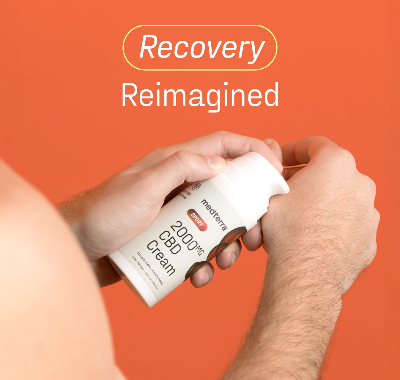 A person applies Medterra WM: Sport 2,000mg Cream to their hand against an orange background, with “Recovery Reimagined” above—ideal for soothing muscles after a workout.