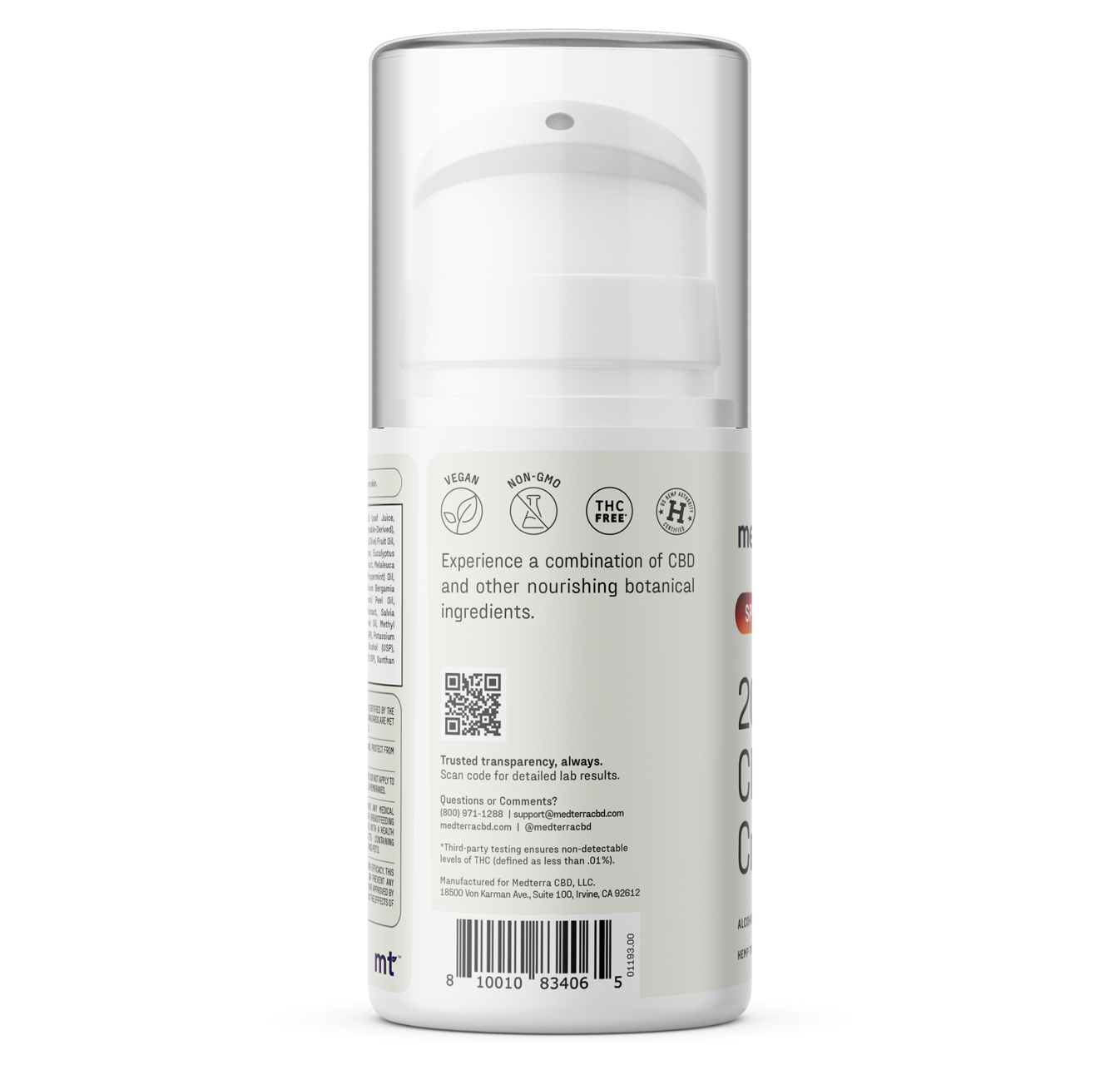 A cylindrical Medterra WM: Sport 2,000mg Cream bottle with a clear cap features a QR code, product info, and certifications. The label spotlights THC-free CBD sport cream with menthol and botanicals—perfect for post-workout recovery.