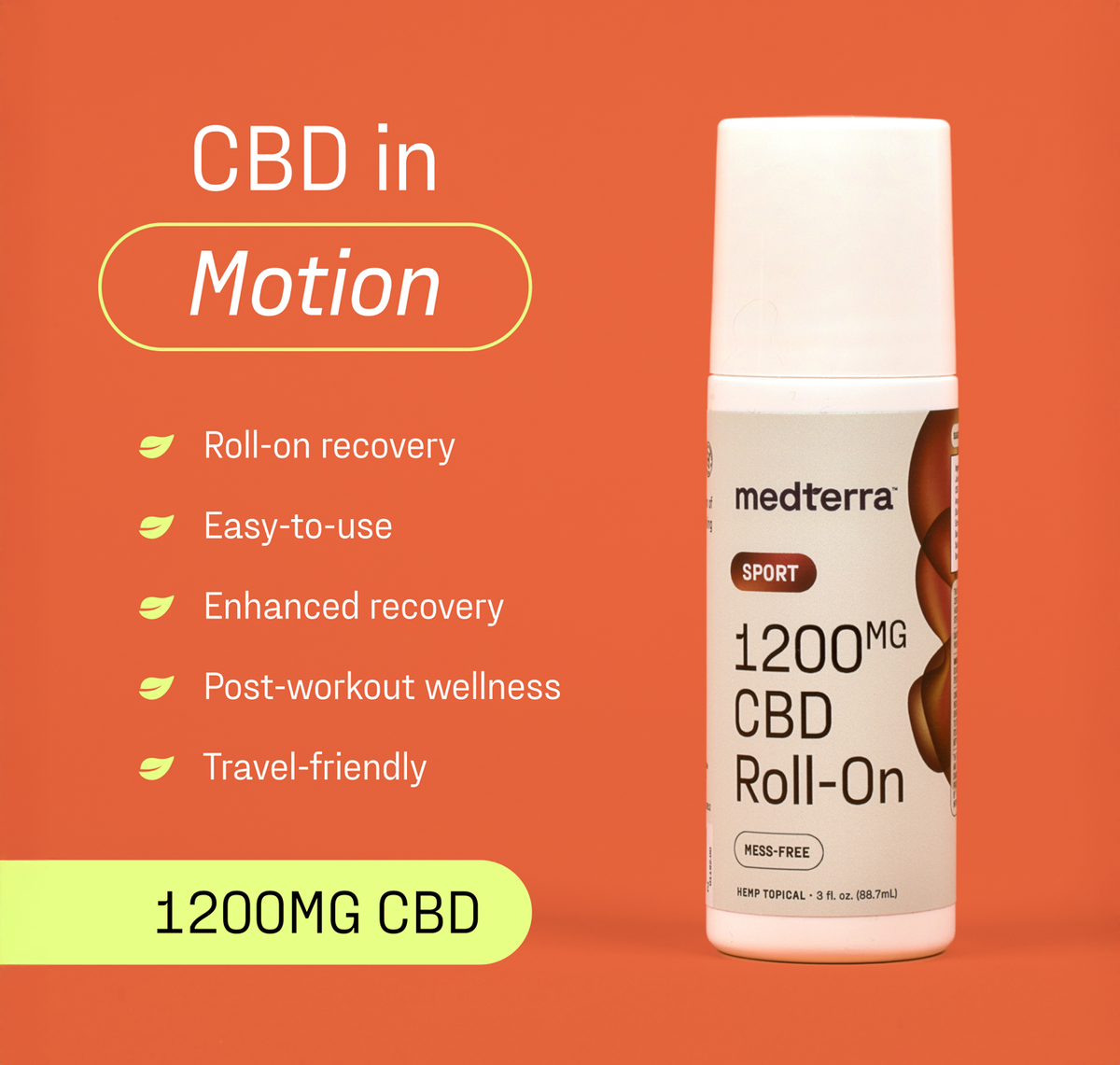 Right view of WM Sport 1200mg CBD Roll-On with visible label, benefit bullets, and headline CBD in Motion on orange background