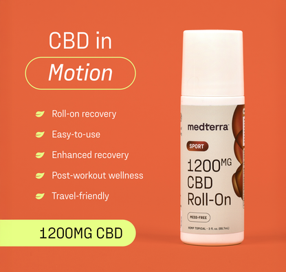 Right view of WM Sport 1200mg CBD Roll-On with visible label, benefit bullets, and headline CBD in Motion on orange background
