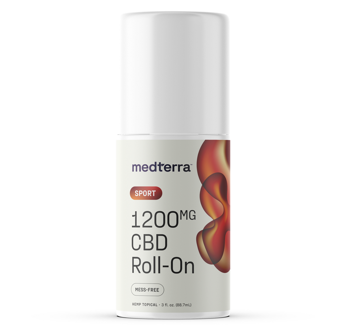 Front view of Medterra Sport 1200 mg CBD Roll-On showcasing mess-free roll-on label and white cap on plain white background