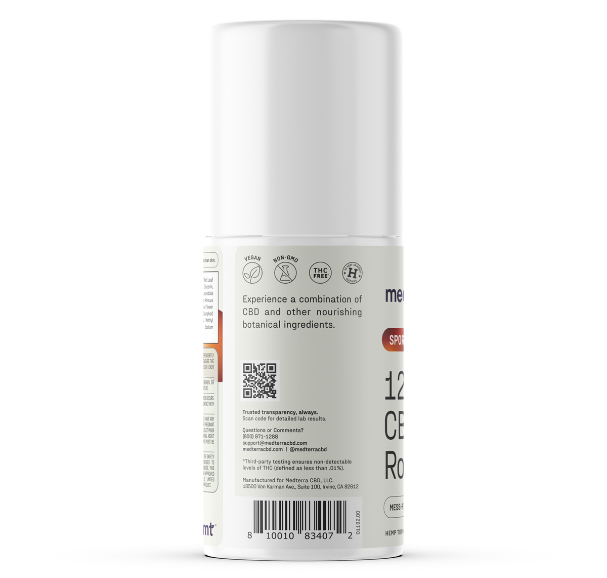 Side close-up of WM: Sport 1,200mg Roll-On showing label text, QR code and barcode on white background