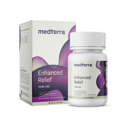 Medterra Enhanced Relief Broad Spectrum Capsules box and bottle, 50mg CBD, Vegan Capsules, 30 count.