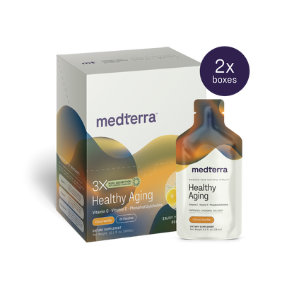 A box and a bottle labeled "Medterra Healthy Aging" are displayed. The product promotes healthy aging and immune health, featuring ingredients such as Vitamin C and Vitamin E. The packaging highlights that it includes three flavors, contains phosphatidylcholine, and features advanced liposomal technology for better absorption. A purple circle reads "2x boxes.