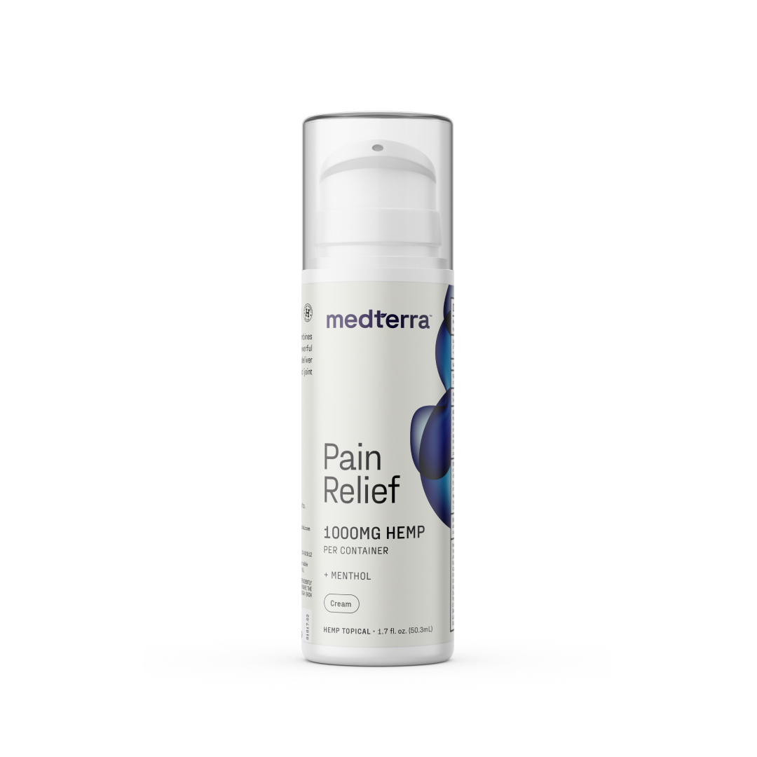 Front view of Pain Relief Cream bottle showcasing pump dispenser and label reading Pain Relief 1000 mg hemp with menthol on white background