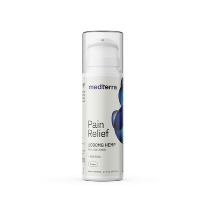 Image of a white bottle labeled "Medterra Pain Relief Cream" containing 1000mg of hemp per container. The bottle features a pump dispenser and includes ingredients such as Menthol and Arnica. Ideally suited for arthritis and joint pain, the cream is intended for topical use.
