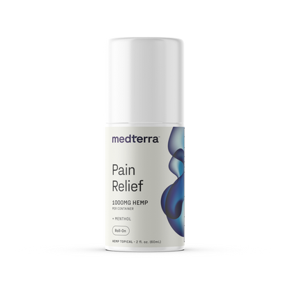 Medterra Pain Relief Roll-On, 1000mg CBD, menthol, 2 fl. oz. bottle for joint pain relief.