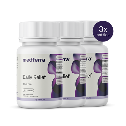 Displayed are three Medterra Daily Relief bottles, each with 25mg CBD Isolate Gel Capsules. The labels are purple and white, featuring a "3x bottles" purple circle for easy identification—ideal for on-the-go relief and THC-free.