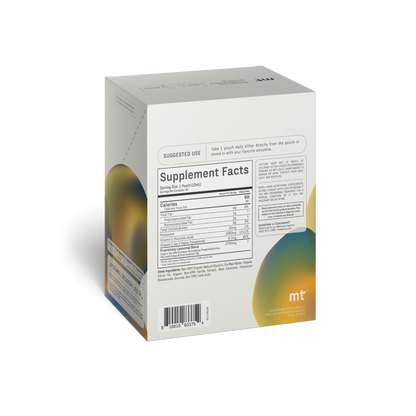 A box with a white background features a section titled "Supplement Facts" and another titled "Suggested Use" on the back. The bottom left corner has a barcode, while abstract designs in blue, green, and orange highlight the right side. Enhanced with liposomal technology for optimal immune health and regeneration, Medterra's Healthy Aging product ensures your well-being.