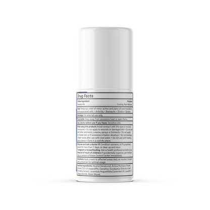 A white cylindrical container with a rounded cap, displaying a label with "Drug Facts" at the top. The label lists active ingredients, uses, warnings, and directions for Medterra's Pain Relief Roll-On with 1000mg CBD joint pain relief formula. The container is isolated on a white background.