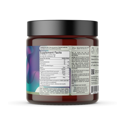 The Medterra Unwind Gummies are housed in a brown, cylindrical container with a black lid. The label showcases supplement facts and ingredient information, accompanied by colorful abstract shapes and text detailing dosage and usage instructions for the L-Theanine-infused gummies. This container is set against a plain white background.