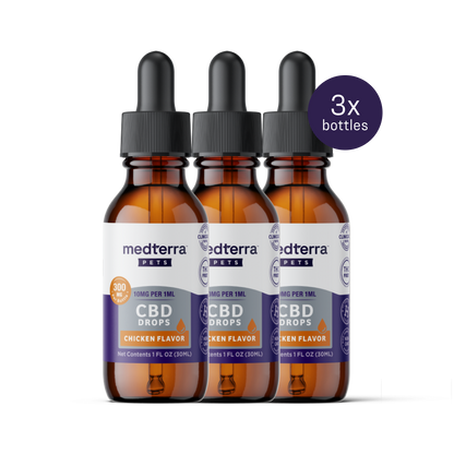 Three Medterra Pet CBD Drops bottles, chicken flavor, are displayed. Each amber bottle with a dropper features a label indicating 300mg CBD for joint health and wellness, dosing at 10mg per 1ml. A "3x bottles" badge is in the upper right.