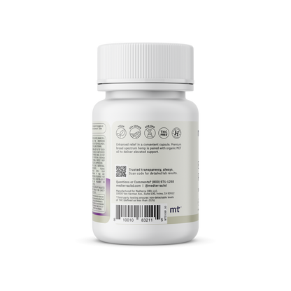 A white bottle of Medterra's Enhanced Relief Broad Spectrum Capsules, featuring Ultra Broad Spectrum CBD and certified as non-GMO, gluten-free, and vegan. The bottle includes a QR code and directions for use with a white cap on top. The background is plain white.