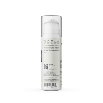 A vertical white bottle with a pump dispenser and text on the label detailing ingredients and uses. Medterra's Pain Relief Cream includes Menthol and Arnica for arthritis and joint pain. Icons enhance the description, while a barcode and QR code are visible near the bottom on the back of the bottle.